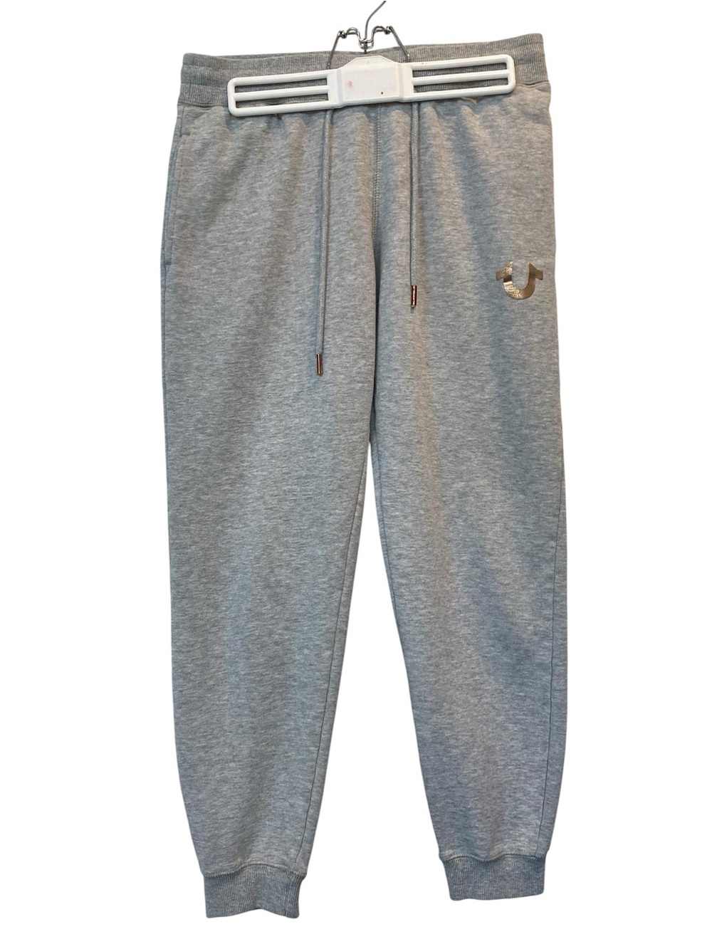 True Religion Women's size M Heather Gray Jogger Pants with Metallic Logo